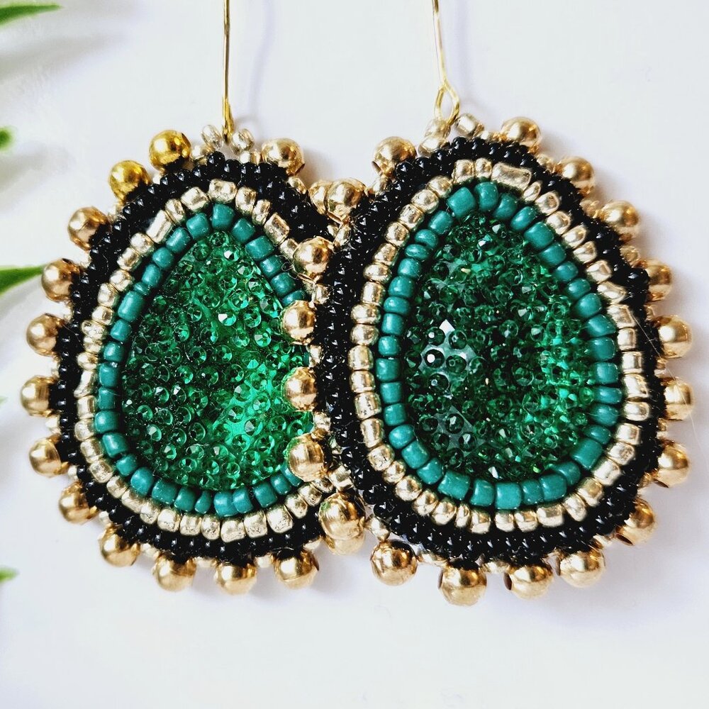 2/$27 | Emerald and Black Shield Beaded Indigenous Hoop Earrings | Handmade